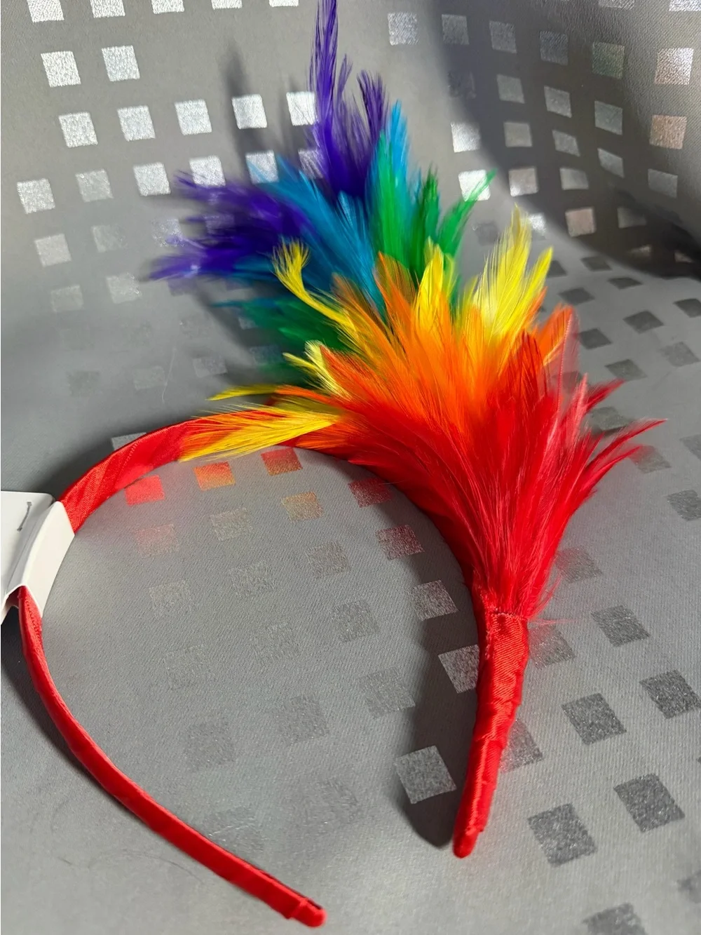 Adult Rainbow Feather Headband on Red Satin Ribbon Base